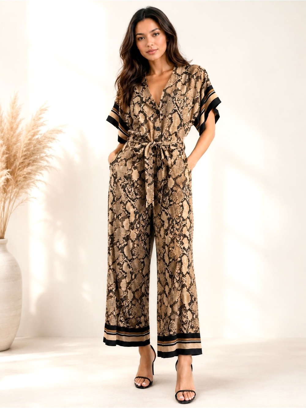 H&M Snake Print Tie-Waist Wide Leg Jumpsuit 100% Viscose size 6